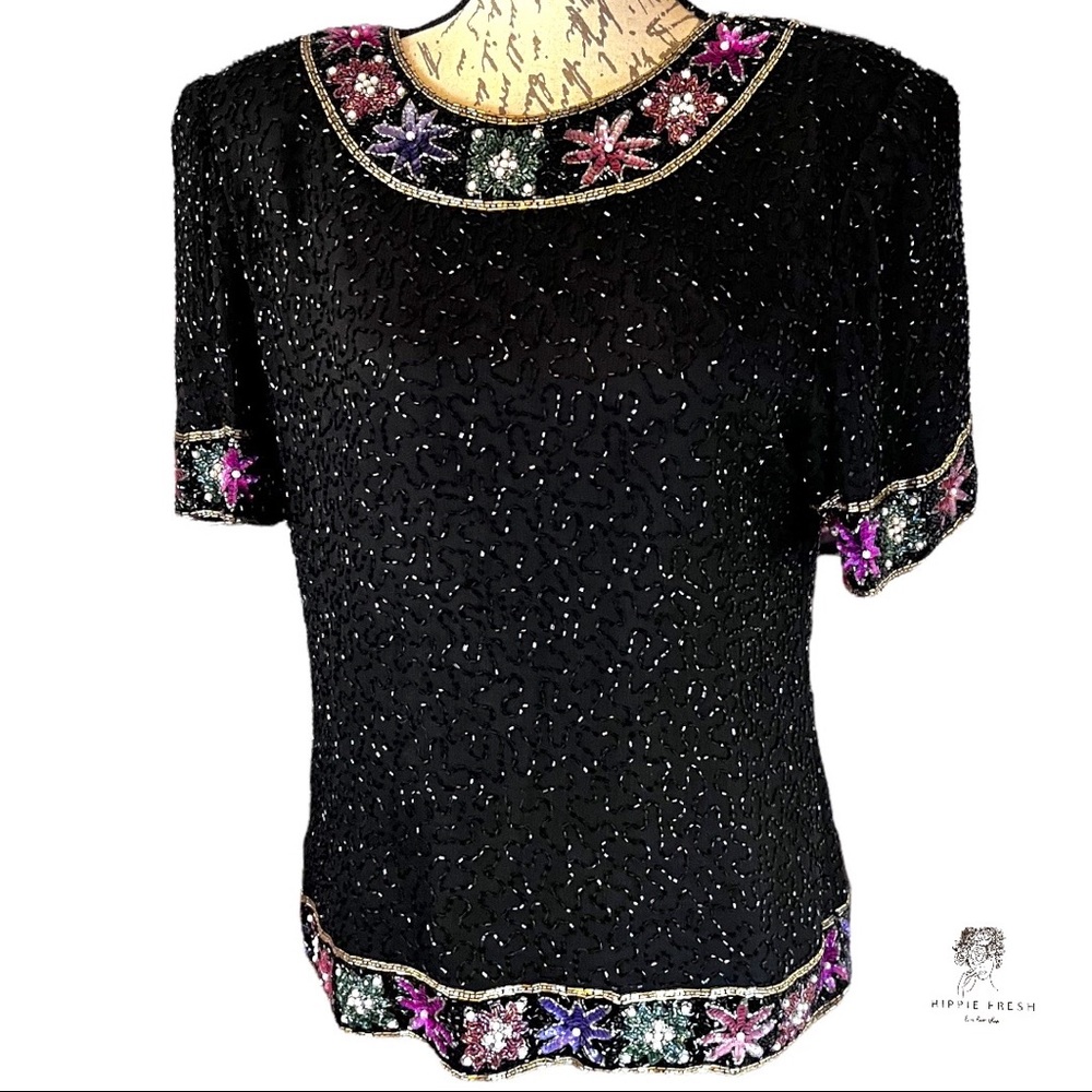 Vintage 100% Silk Lawrence Kazar Beaded Evening Top Size PL